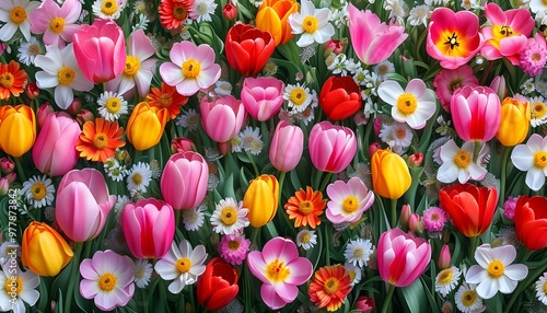 Vibrant spring floral tapestry featuring an array of colorful tulip blooms photo