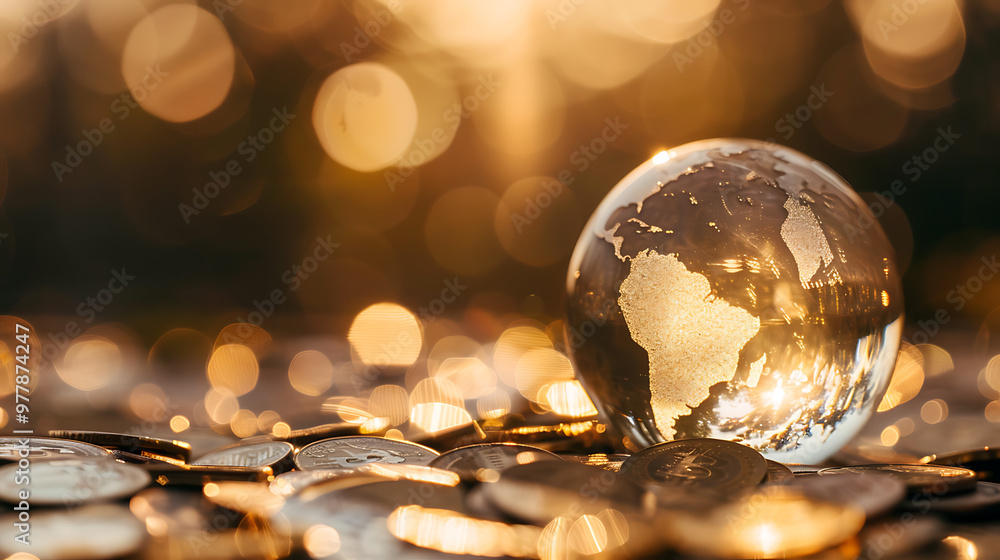 a transparent globe resting on a surface covered with numerous coins a transparent globe resting on a surface covered with numerous coins