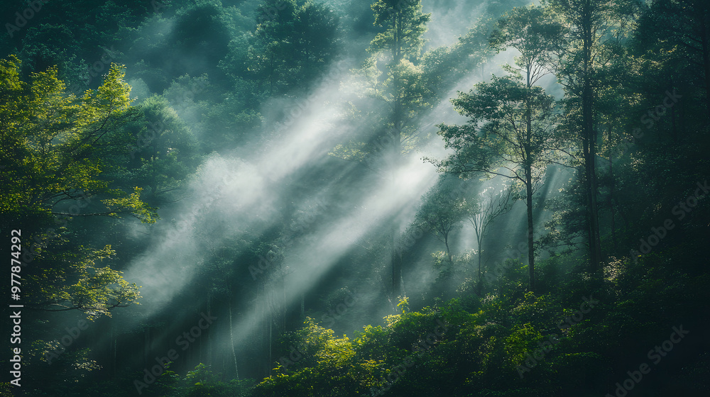 A dense forest at the base of a towering mountain with rays of sunlight filtering through the mist and lighting up the forest floor. A dense forest at the base of a towering mountain with rays of sunlight filtering through the mist and lighting up the forest floor.