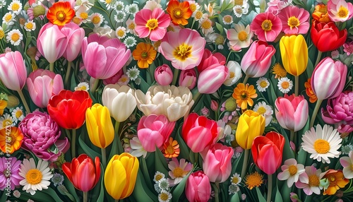 Vibrant spring floral tapestry featuring an array of colorful tulip blooms photo