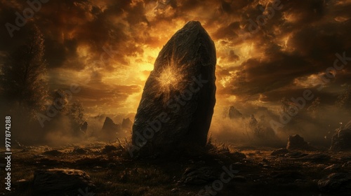 A Single Standing Stone With A Glowing Core In A Misty Meadow At Sunrise