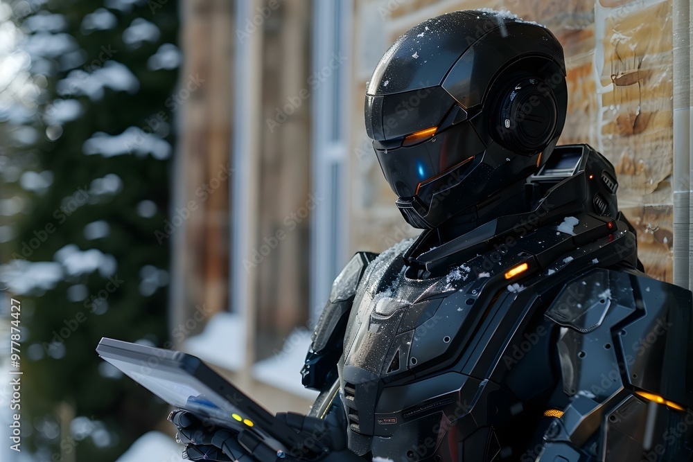 Close-up Of Humanoid Robot Detecting Heat Loss Outside The House Using Digital Tablet Close-up Of Humanoid Robot Detecting Heat Loss Outside The House Using Digital Tablet