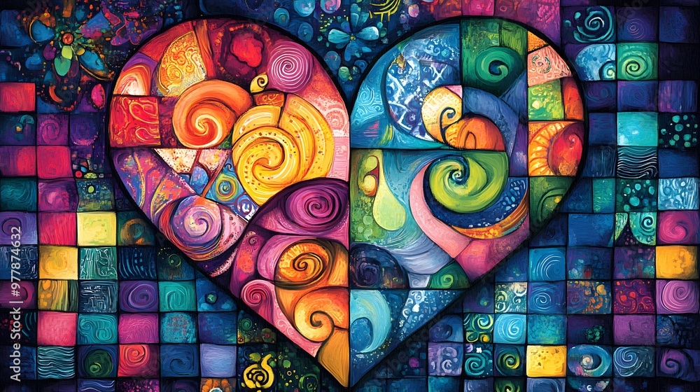 Fototapeta premium Patchwork heart design with vibrant swirls and colorful squares