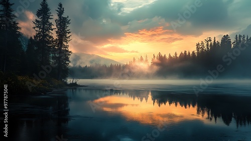 Misty sunrise over calm lake with silhouetted pine trees, nature photography