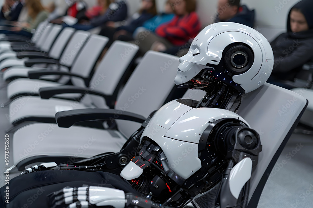 Fototapeta premium Humanoid Robot Sleeping on Chair in a Waiting Room, Queue, AI, Artificial, Bored, Intelligence, Code, Line, Tech, Machine, Sleep, Technology, Future, Room, 4, 0, Unhappy, Industry, Robotic