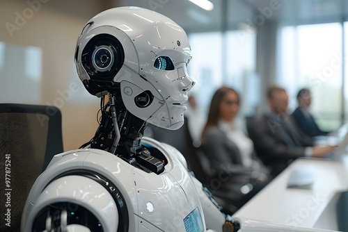 Humanoid robot Sitting In A Conference Room Looking At Computer Screen, robot, conference, ai, artificial, video, intelligence, code, meeting, tech, machine, businessman, technology, future