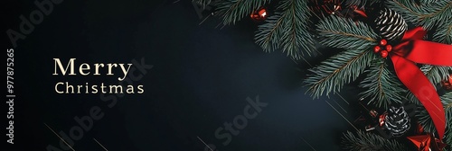 Classic Christmas banner with ornaments and the words Merry Christmas.オーナメントとメリークリスマスの文字が飾られた、クラシックなクリスマスバナー.Generative AI