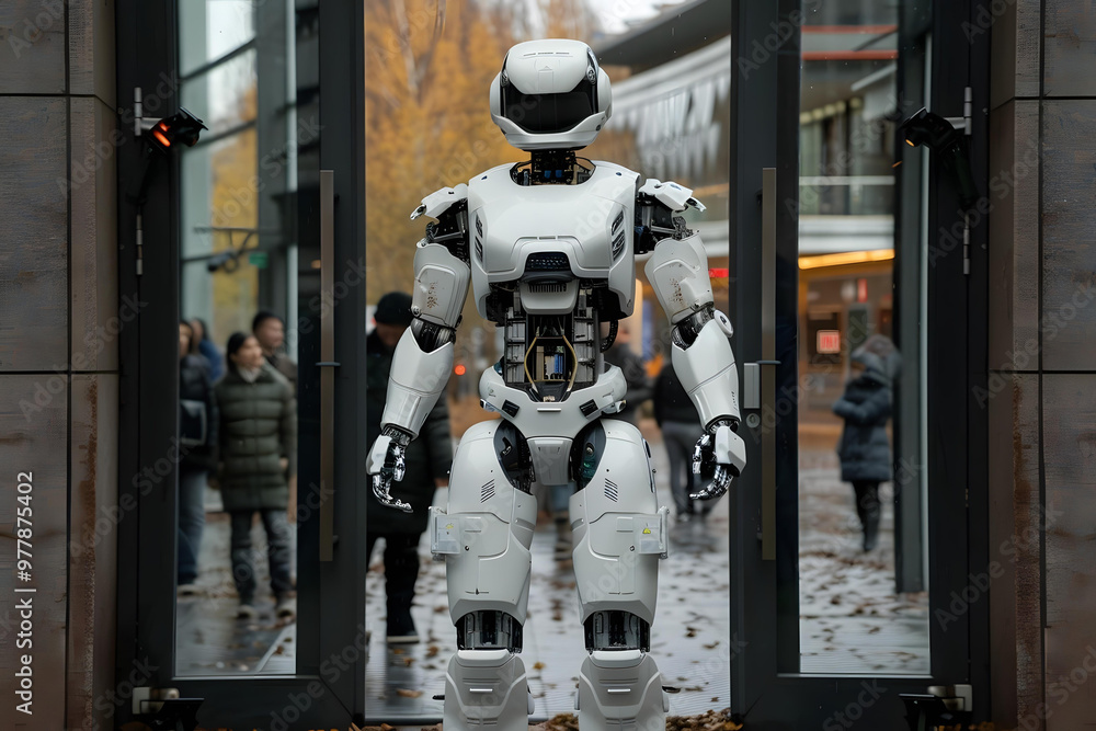 Humanoid Robot Security Agent Standing At Door Entrance Humanoid Robot Security Agent Standing At Door Entrance