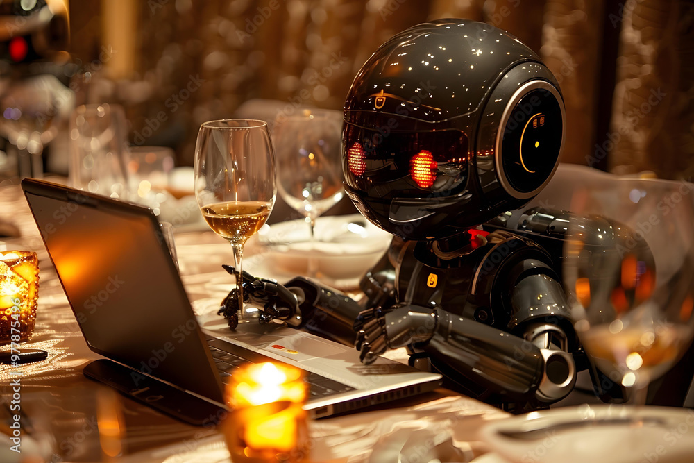 Fototapeta premium Humanoid Robot Attending Virtual Wine Tasting Dinner Event Online Using Laptop