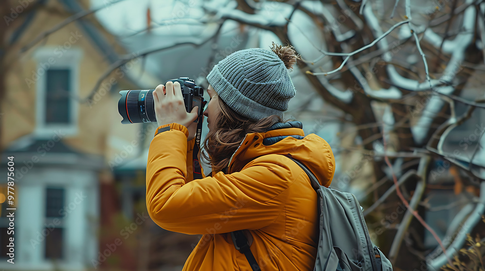 a person wearing a yellow jacket and a grey beanie, taking a photograph with a DSLR camera a person wearing a yellow jacket and a grey beanie, taking a photograph with a DSLR camera