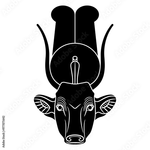 Head of sacred cow. Ancient Egyptian mythology. Goddess Hathor or Hesat. Black and white silhouette.
