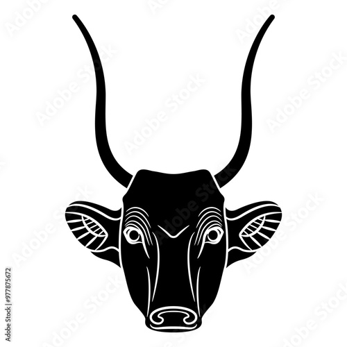 Horned head of a cow or bull. Ancient Egyptian animal design. Black and whit silhouette.