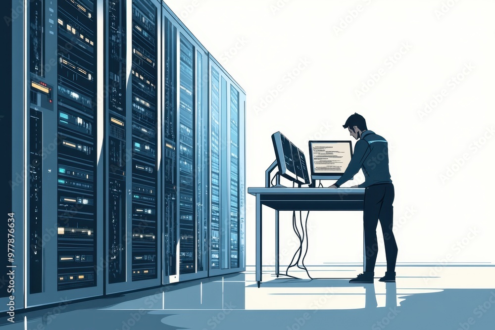 poster on white background, flat illustration of young man working at computer in front of server rack Generative AI poster on white background, flat illustration of young man working at computer in front of server rack Generative AI