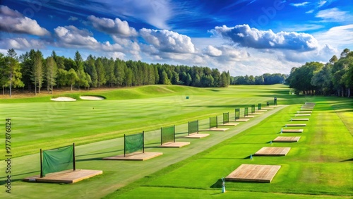 Panoramic view of a golf course driving range with yardage signs for 100, 125, and 150 feet targets on natural grass field