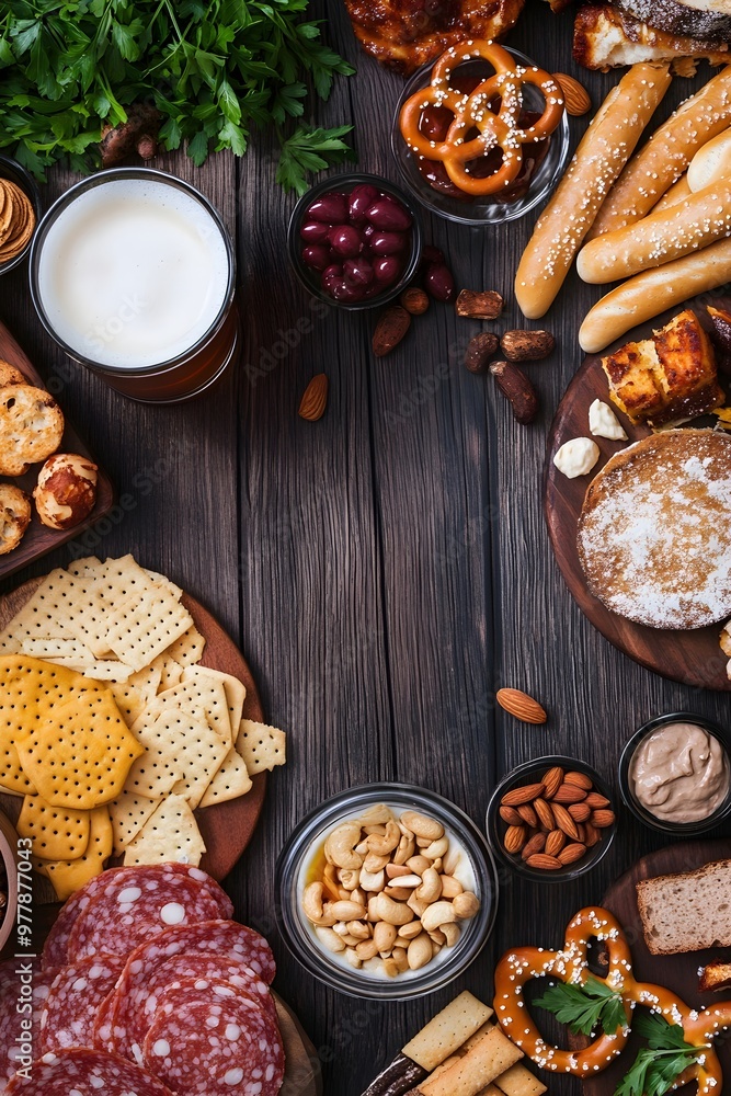 Border of beer glass with various snacks set on wooden table. Flat lay, top view. Oktoberfest festival celebration. Traditional party snacks. Pretzels, nuts, chips. Invitation, greeting Border of beer glass with various snacks set on wooden table. Flat lay, top view. Oktoberfest festival celebration. Traditional party snacks. Pretzels, nuts, chips. Invitation, greeting
