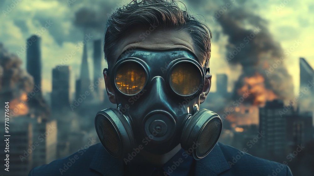 A man in a gas mask stands in front of a city with smoke and fire A man in a gas mask stands in front of a city with smoke and fire
