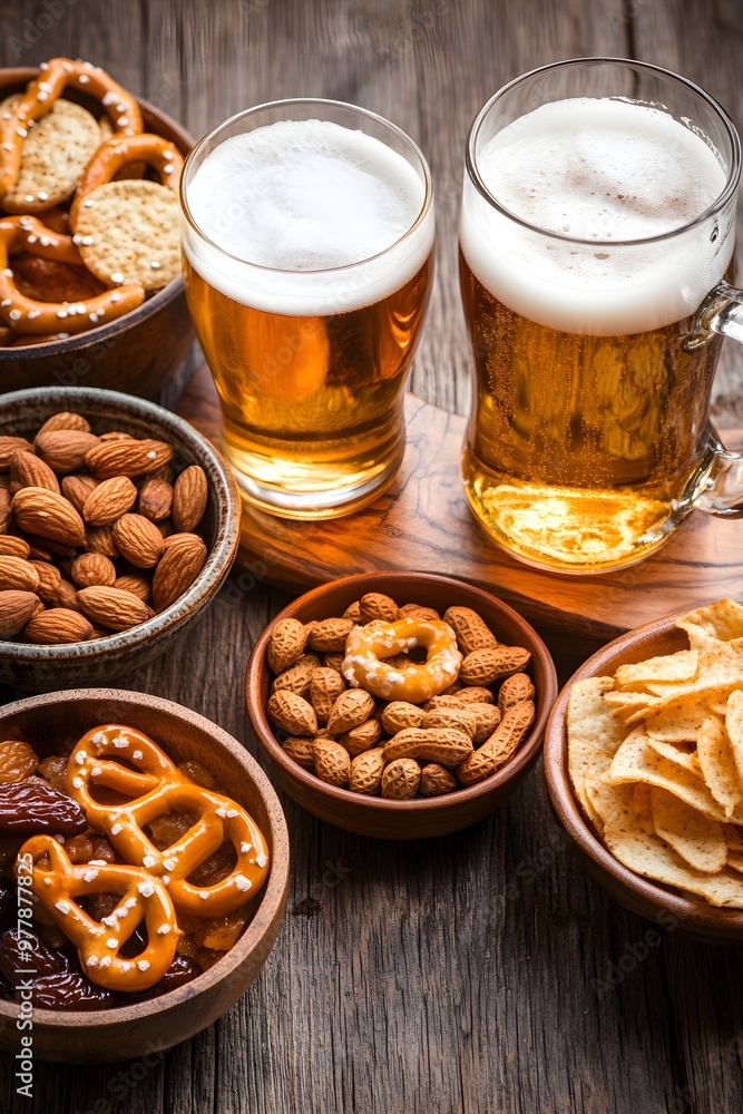 Border of beer glass with various snacks set on wooden table. Flat lay, top view. Oktoberfest festival celebration. Traditional party snacks. Pretzels, nuts, chips. Invitation, greeting Border of beer glass with various snacks set on wooden table. Flat lay, top view. Oktoberfest festival celebration. Traditional party snacks. Pretzels, nuts, chips. Invitation, greeting