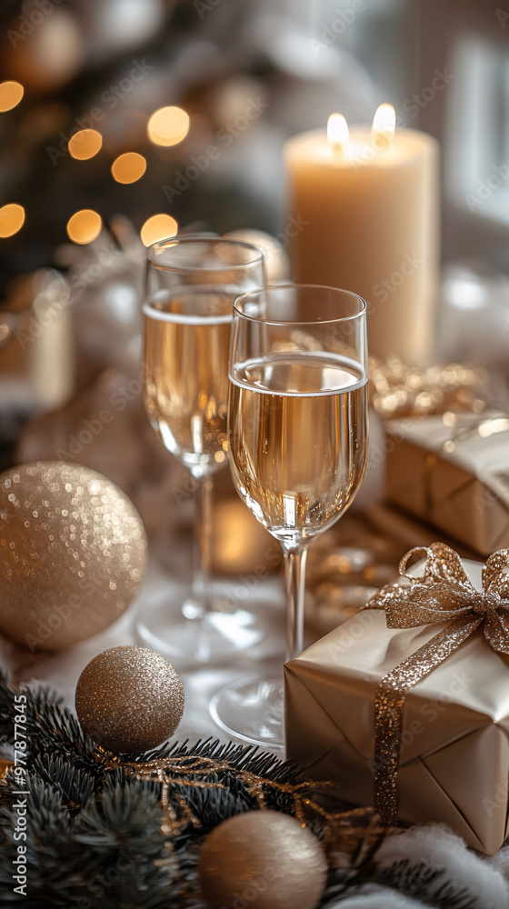 Elegant New Year's Flat lay with Candles and Champagne Elegant New Year's Flat lay with Candles and Champagne