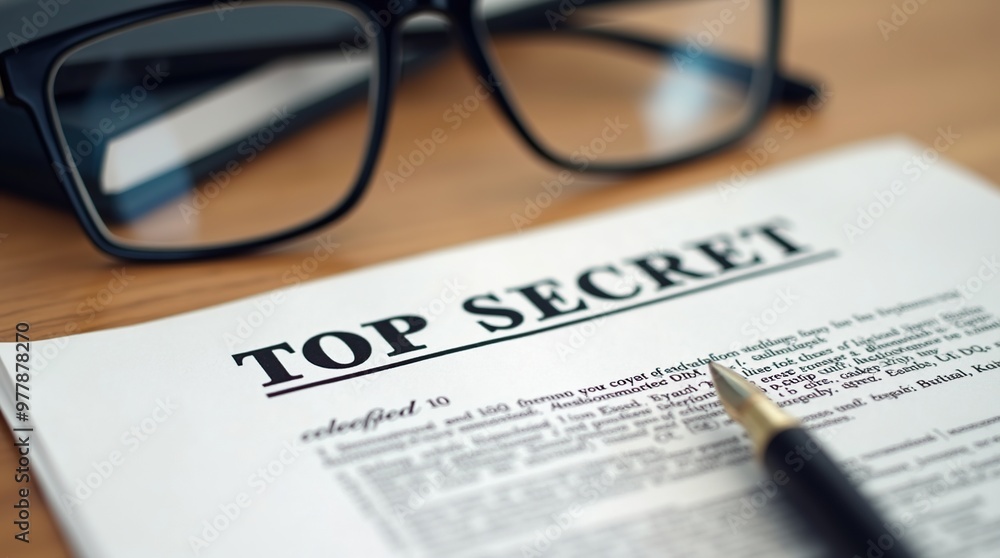 Close-up of top secret classified document with glasses and pen Close-up of top secret classified document with glasses and pen