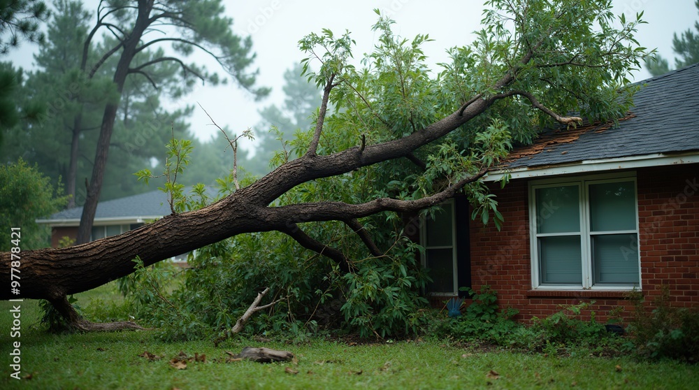 Fallen tree damages house roof after intense hurricane storm Fallen tree damages house roof after intense hurricane storm