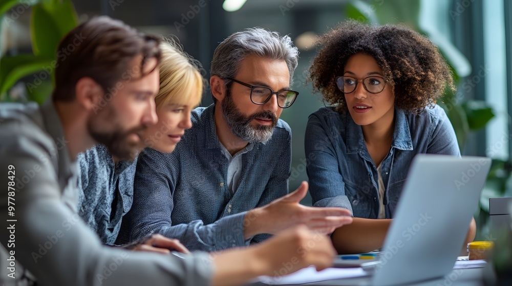 Four Colleagues Collaborating on a Laptop in a Modern Office Setting Four Colleagues Collaborating on a Laptop in a Modern Office Setting