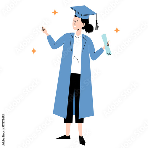 Girl student graduated from university, college. Woman in graduation cap, academic hat with diploma, certificate, bachelor and master degree. Smiling girl in educational institution