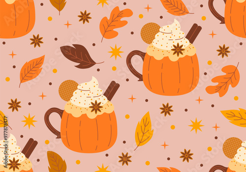 Seamless pattern with Pumpkin Spice Latte. Autumn coffee background. Ice honey pumpkin spice latte with whipped cream texture