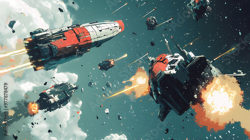 Fototapeta Naklejka Na Ścianę i Meble -  A comic-style illustration of a space battle between spaceships. Space Battle. Illustration