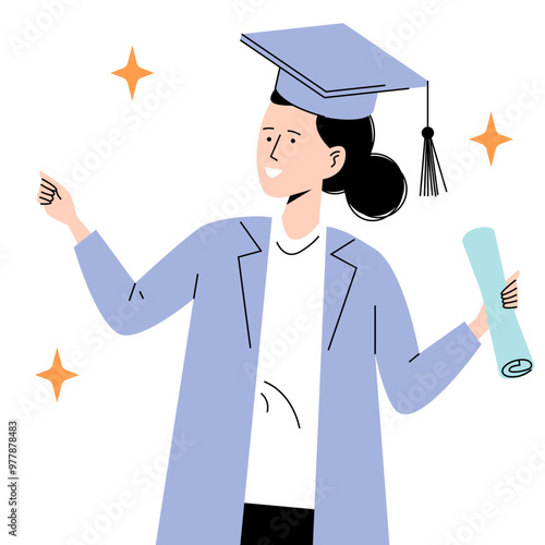Girl student graduated from university, college. Woman in graduation cap, academic hat with diploma, certificate, bachelor and master degree. Smiling girl in educational institution
