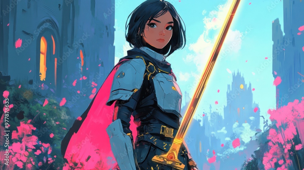 A female warrior in armor stands in front of a grand fantasy castle surrounded by flowers, holding a shining sword high. A female warrior in armor stands in front of a grand fantasy castle surrounded by flowers, holding a shining sword high.
