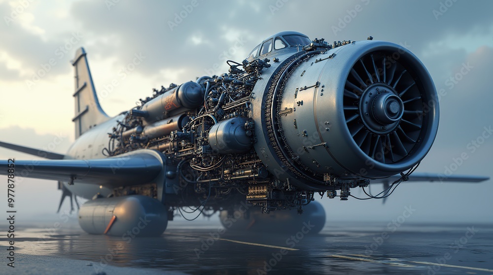 Realistic depiction of a detailed airplane engine on tarmac Realistic depiction of a detailed airplane engine on tarmac