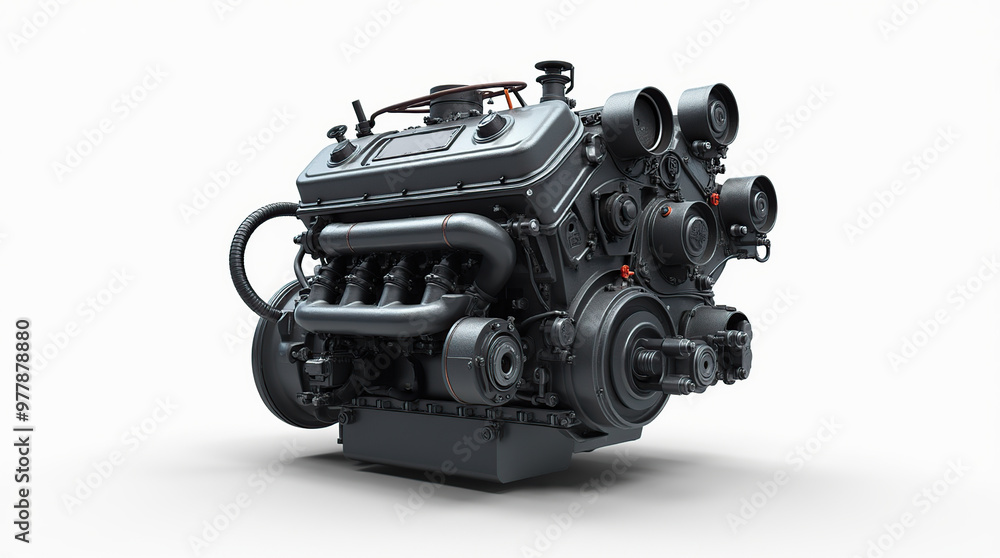Realistic isolated engine showcasing intricate mechanical design Realistic isolated engine showcasing intricate mechanical design