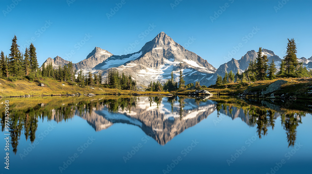 A jagged mountain peak reflecting in a shallow mountain lake surrounded by pine trees under a cloudless sky. A jagged mountain peak reflecting in a shallow mountain lake surrounded by pine trees under a cloudless sky.