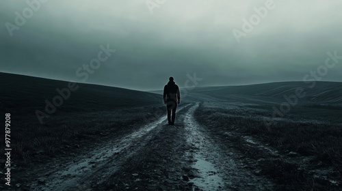 A lone figure walks a dirt road through a misty field.