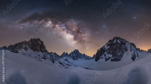 A jagged snow-covered mountain range under a clear starry night sky with the Milky Way arching overhead. photo