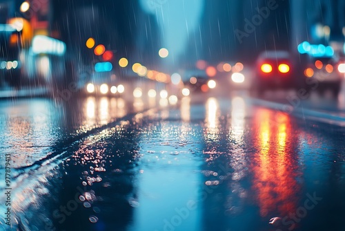 Rainy city street with blurred lights reflecting in puddles