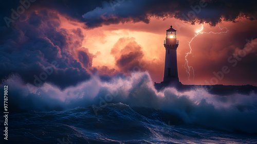 A lone lighthouse standing strong against a stormy sea with waves crashing violently against its base and lightning illuminating the sky. photo