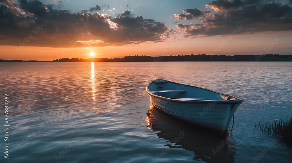 Rowboat on calm lake with sunset in the background