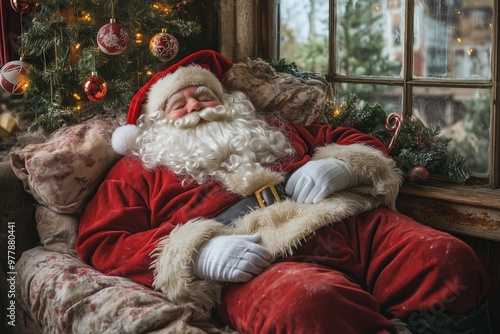 Santa Claus taking a well-deserved nap in a rustic, cozy setting. Santa, dressed in his classic red suit with white fur trim, rests peacefully on a comfortable armchair.