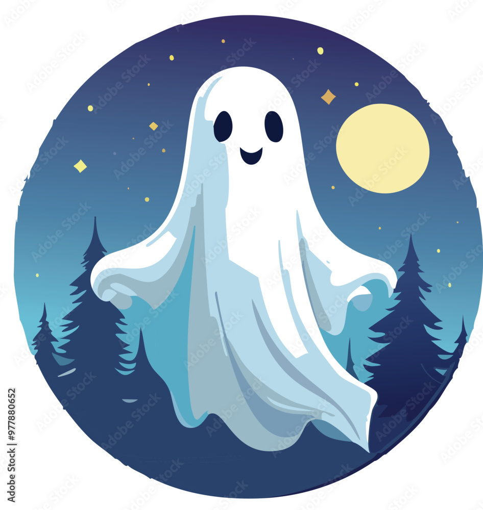 A cute ghost under a full moon. Halloween vector illustration. A cute ghost under a full moon. Halloween vector illustration.