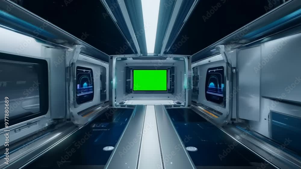 Futuristic sci-fi corridor with green screen for media replacement Futuristic sci-fi corridor with green screen for media replacement