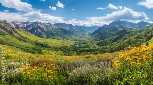 A lush valley nestled between towering green mountains dotted with wildflowers under a bright blue sky.