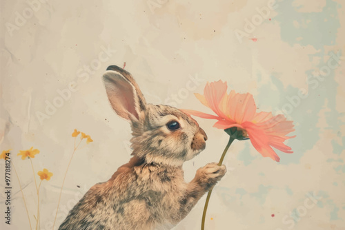 Rabbit sniffing pink flower