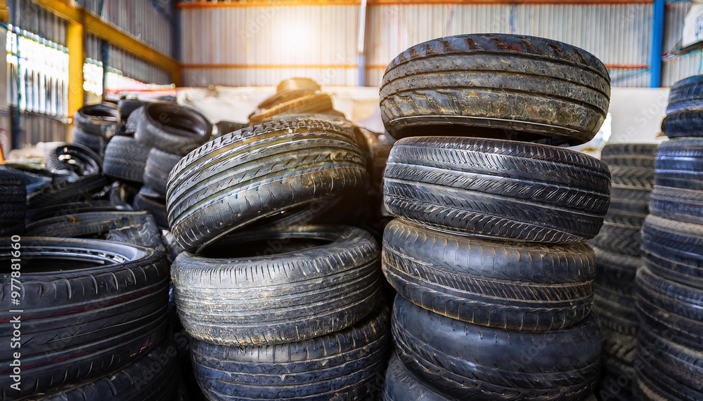 Pile of used car tires in warehouse area. Industrial waste. Pile of used car tires in warehouse area. Industrial waste.
