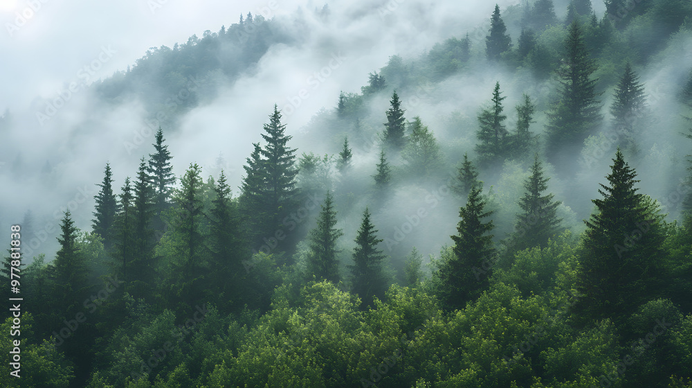 A misty mountain forest with tall evergreens their tips disappearing into the low-hanging clouds. A misty mountain forest with tall evergreens their tips disappearing into the low-hanging clouds.