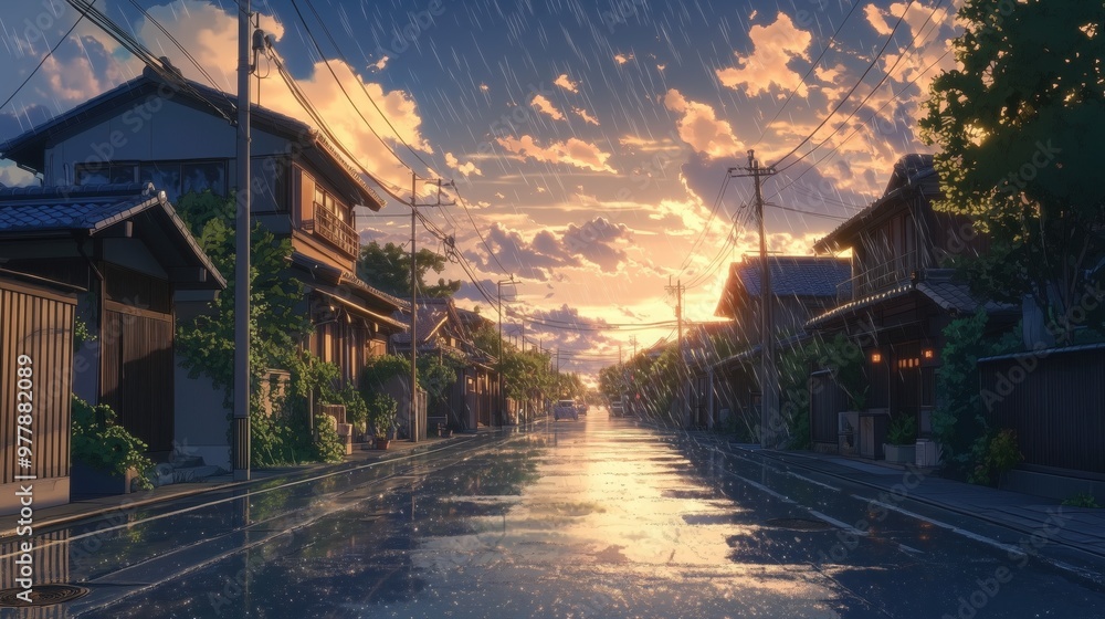 Serene Rainy Day in Anime Style Background, Peaceful Sunset Street, Japanese Animation Artwork, Atmospheric Evening Scene, Calm Neighborhood Setting Serene Rainy Day in Anime Style Background, Peaceful Sunset Street, Japanese Animation Artwork, Atmospheric Evening Scene, Calm Neighborhood Setting