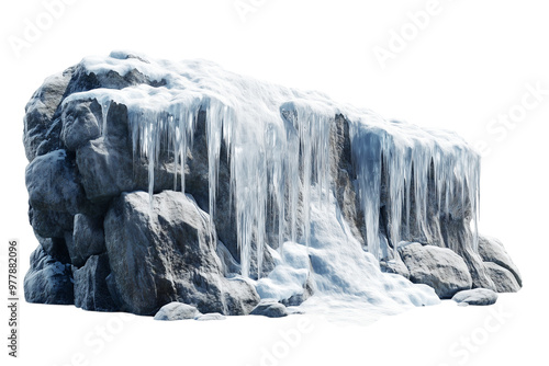 Rock Formation Covered with Icicles and Snow - isolated on White Transparent Background, PNG 