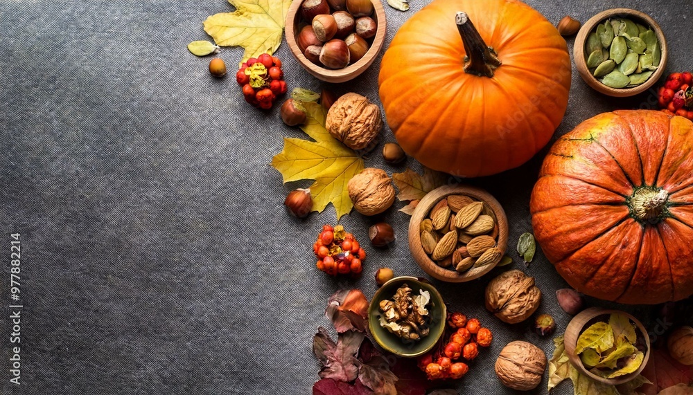 Autumn flat lay with pumpkins, nuts, and fall foliage on a grey textured backdrop. Autumn flat lay with pumpkins, nuts, and fall foliage on a grey textured backdrop.