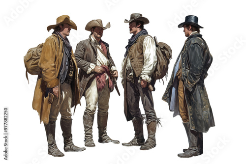 Four Cowboys in Western Attire Standing and Conversing - isolated on White Transparent Background, PNG 