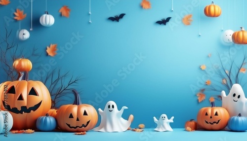 Halloween pumpkins and ghost decorations on blue backdrop.